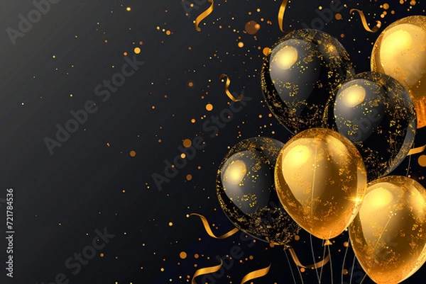 Fototapeta "Luxury Greeting with Gold Balloons: Perfect for Grand Celebrations, Openings, and Birthday Fests, set against a Soft Black Background adorned with a Variety of Gold and Black Balloons."