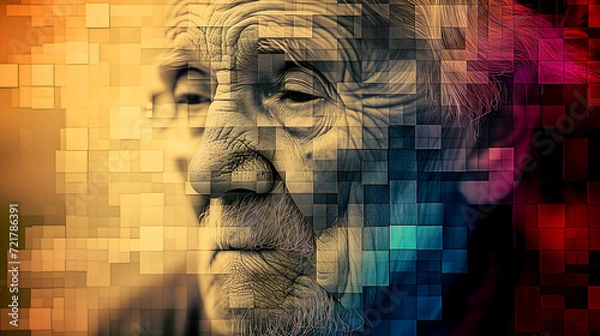 Fototapeta Concept of digitized memories. Old face transitioning from sepia tones to vibrant pixels