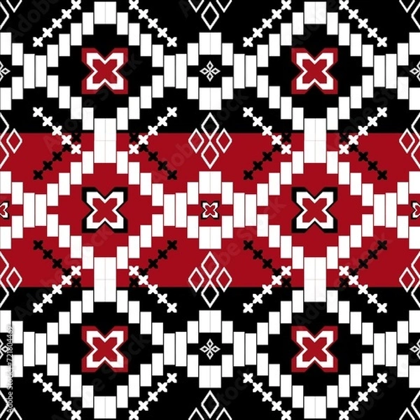 Fototapeta Pixel pattern ethnic Geometric ethnic floral pattern thai silk pattern embroidery desing for decorative home carpet blue geometric pattern