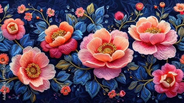 Fototapeta Fantasy flowers in retro, vintage, jacobean embroidery style. Embroidery imitation with beads and sequins. Seamless pattern, background. Vector illustration, generative ai