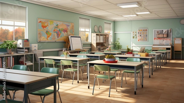 Fototapeta The warm autumn sunlight filters through the windows of a neatly organized classroom, highlighting educational materials and vibrant plant life.
