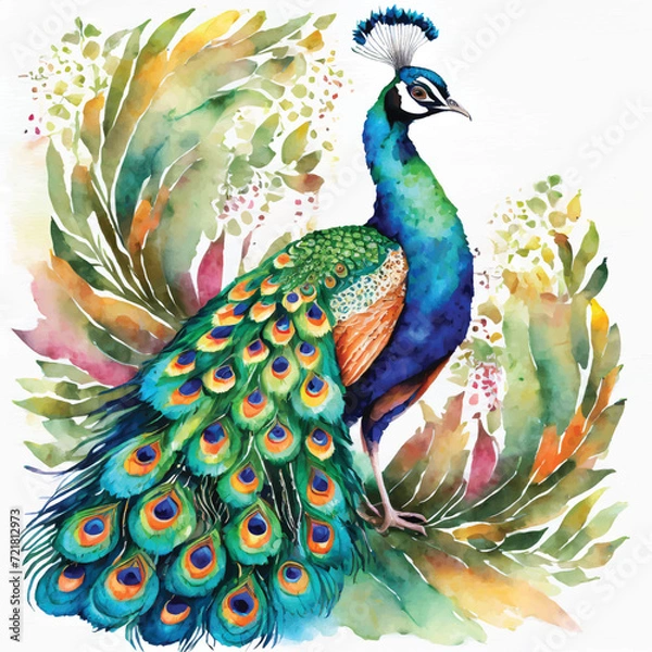Obraz Ornamental beautiful textured peacock. Ethnic style colorful bright peacock bird. Vector ornate black background illustration with multicolor exotic royal peacock bird. Paisley style patterned tail