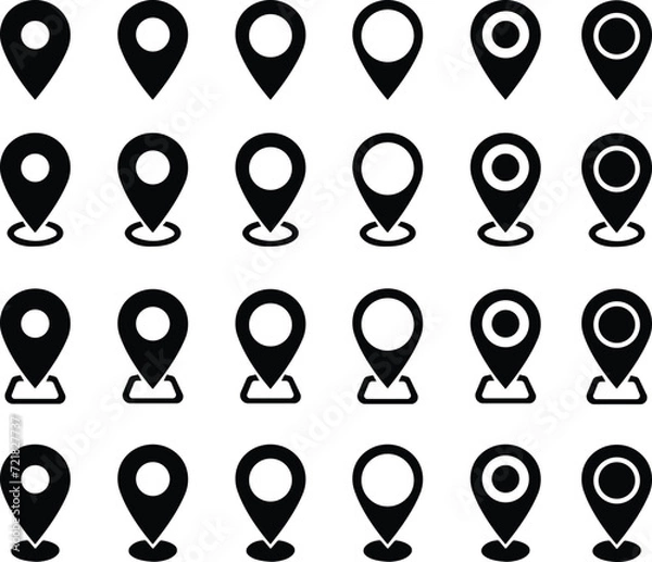 Fototapeta Set of Location pin icons. Map pin place marker. GPS location symbols in trendy fill styles isolated on transparent background. Premium quality symbols. Vectors signs for mobile apps and website.