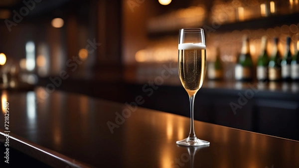 Obraz a glass of champagne with bubbles stands on the bar counter in a nightclub