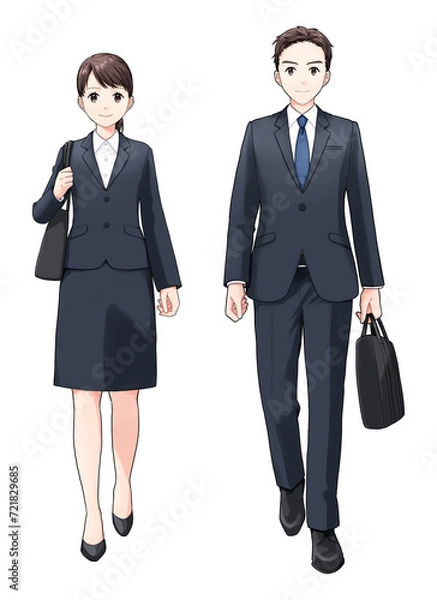Fototapeta 歩くスーツ姿の若い男女　正面