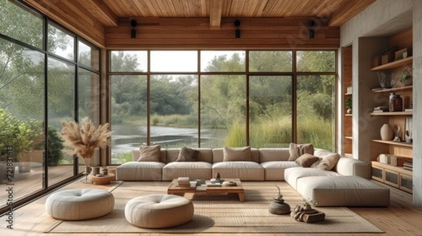 Fototapeta Salon moderne avec vue sur la nature, intégrant harmonieusement l'intérieur et l'extérieur