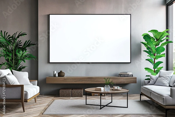 Fototapeta Mockup of a television in a large living room with industrial style. architecture and design concept.