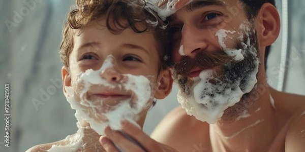 Fototapeta Father and son shaving together. Father and Son. Parenthood concept. Family at Home. Shaving man. Healthcare and hygiene concept. Little boy.