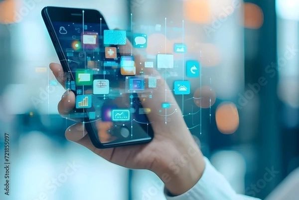 Fototapeta Explore the pivotal role of visuals depicting mobile devices, business app usage, and mobile-first strategies in today's mobile-focused world.