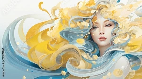 Fototapeta Fashion portrait of a beautiful woman with yellow long blond hair and blue dress.