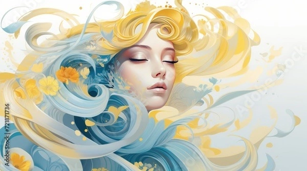 Fototapeta Fashion portrait of a beautiful woman with yellow long blond hair and blue dress.