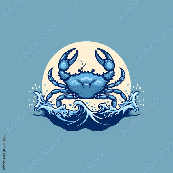 Obraz A logo illustration of a crab on a wave on a light blue background. Created with generative AI.