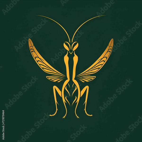 Obraz A logo illustration of a praying mantis on a dark green background. Created with generative AI.