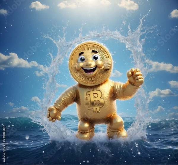 Obraz Gold coin in the sea with water splash and blue sky background.