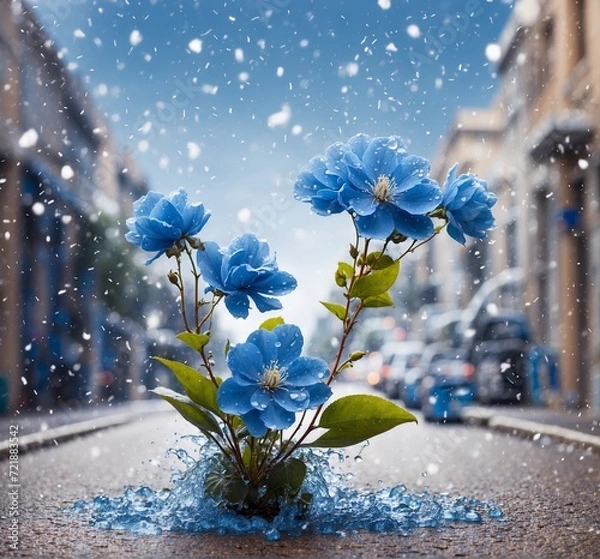 Obraz Beautiful blue flowers on the street under the snowfall. Winter background