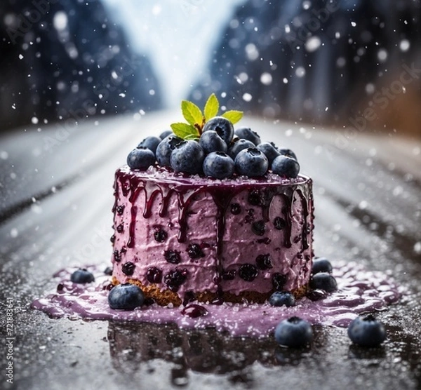 Obraz Blueberry cheesecake with fresh berries on a wooden background. Toned.