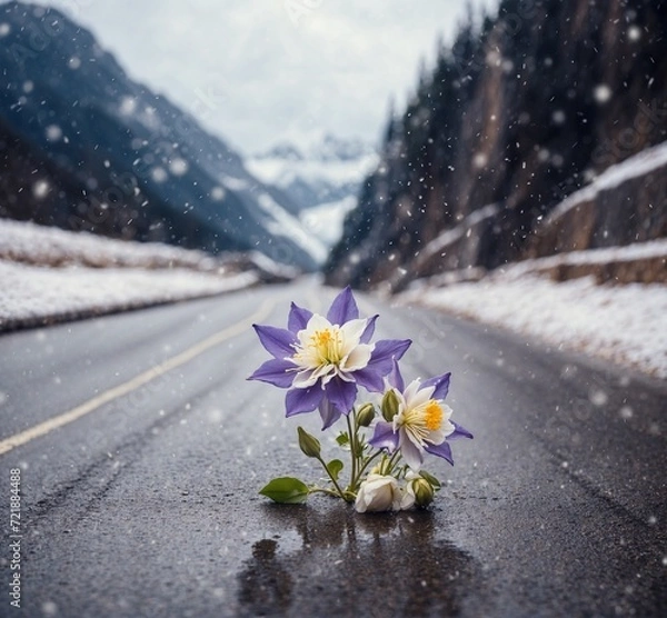 Obraz Snowfall on the road with a bouquet of crocus flowers