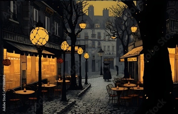 Obraz illustration of silhouette of night city street with light window  on dark grey sky background. Flat style design for web, site, banner, poster, flyer