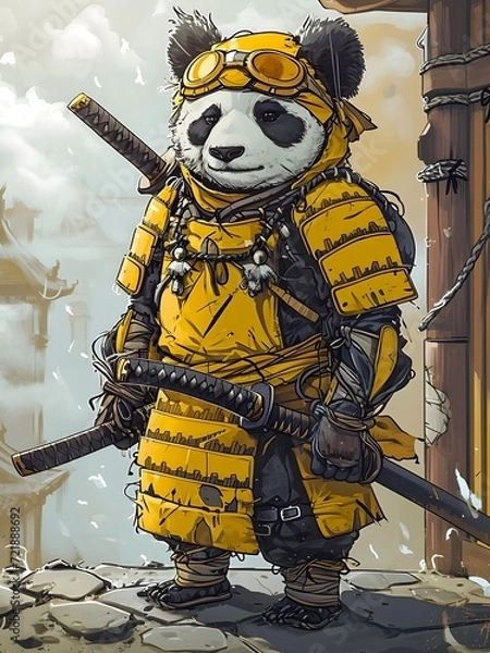 Obraz standing samurai panda illustration in cartoon style