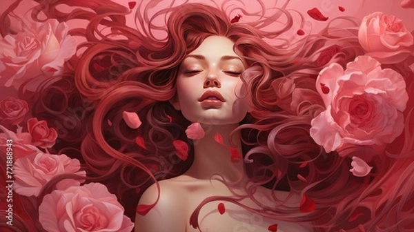 Fototapeta Beautiful woman with long red hair and flowers