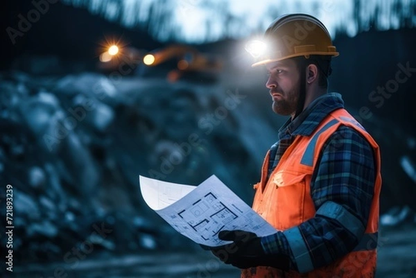 Fototapeta Engineer miner wearing a helmet with blueprints at the mining site
