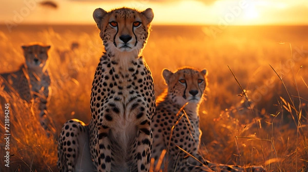 Fototapeta Cheetah standing in the savanna with setting sun shining. Group of wild animals in nature.