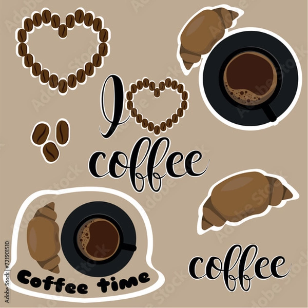 Fototapeta Coffee-themed stickers. Vector elements isolated with white outline in brown and beige colors for printing and design, for cafes, businesses, printing houses