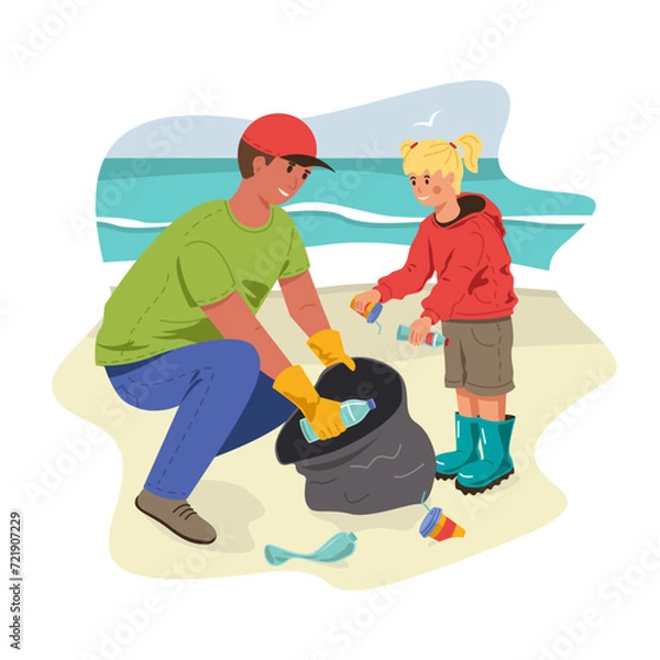 Fototapeta Family father and daughter cleaning up trash on the sea beach together. Sustainable climate visuals. Caring for the environment, ecology. Vector stock illustration.