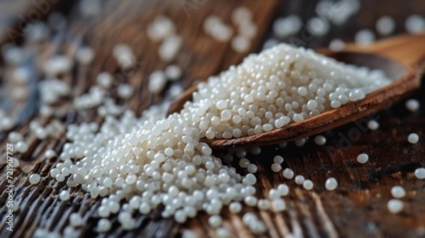 Fototapeta sago on a wooden spoon in close-up on a beautiful background. The concept of a grocery store.