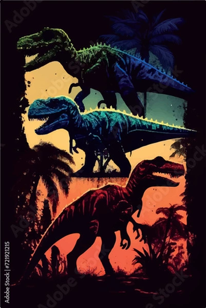 Fototapeta Vector Collection of Colorful Dinosaur Silhouettes: Diplodocus, Tyrannosaurus, Velociraptor, Stegosaurus, Triceratops, Pterodactyl, Brachiosaurus, Allosaurus, and More