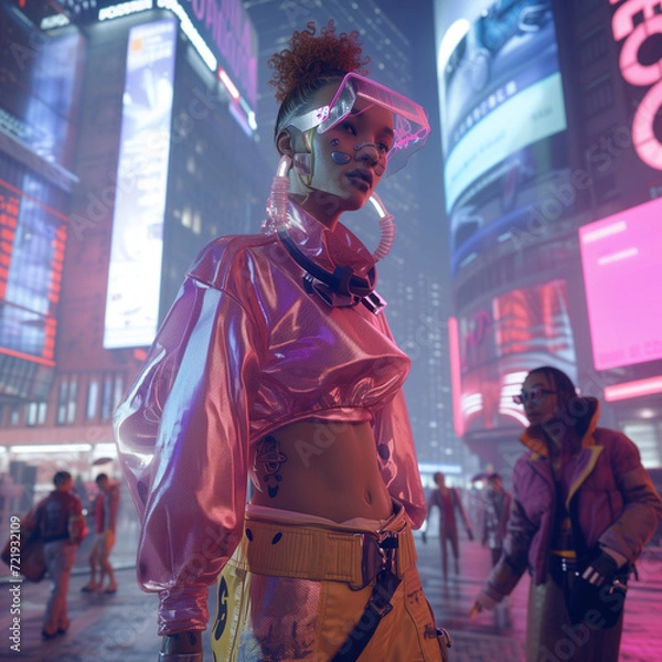 Obraz A Glimpse into the Fusion of 1980s Style and Futuristic Tech in a Cyberpunk Metropolis