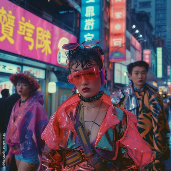 Obraz A Glimpse into the Fusion of 1980s Style and Futuristic Tech in a Cyberpunk Metropolis