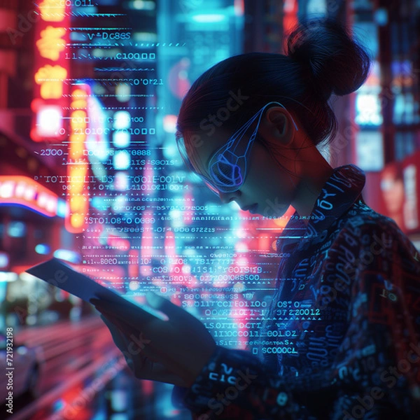 Fototapeta Binary Symphony: Navigating the Digital Currents in a Cyberpunk Cityscape