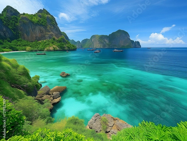 Obraz Tropical Island Beachscape in Light Emerald and Dark Crimson Splendor