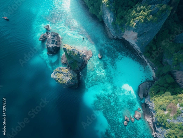 Obraz Tropical Island Beachscape in Light Emerald and Dark Crimson Splendor