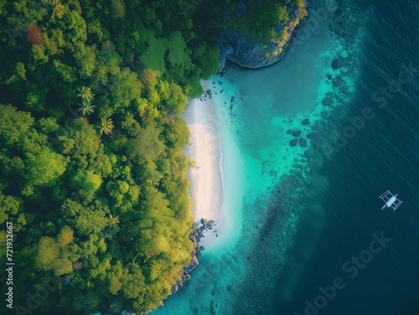 Obraz Tropical Island Beachscape in Light Emerald and Dark Crimson Splendor