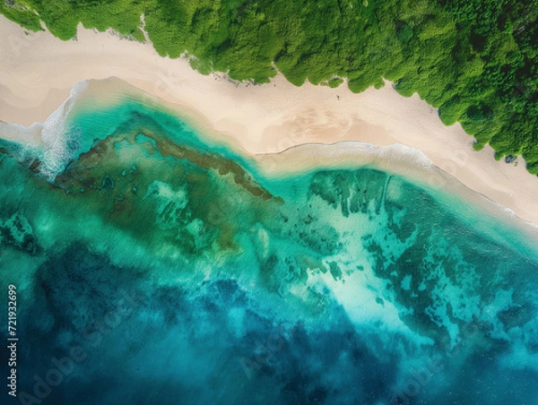 Obraz Tropical Island Beachscape in Light Emerald and Dark Crimson Splendor