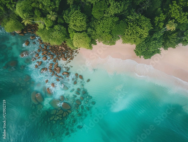 Obraz Tropical Island Beachscape in Light Emerald and Dark Crimson Splendor
