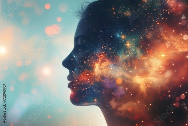 Fototapeta Cosmic silhouette of a woman's profile against a star-filled sky, a concept of imagination and dreams.

