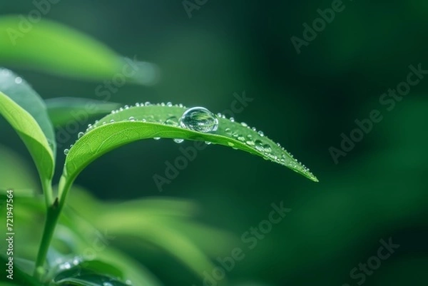 Fototapeta Nature's delicate beauty captured in a single dewdrop on a lush green leaf, glistening under the gentle touch of rain
