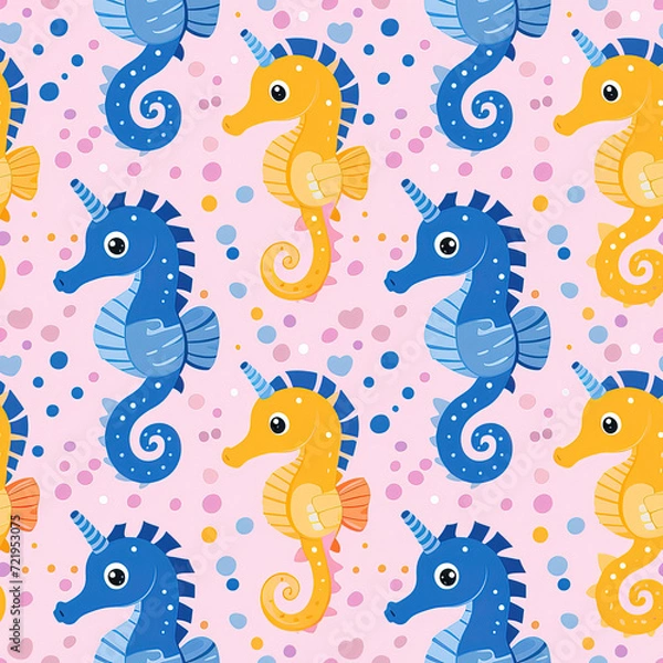 Fototapeta Seahorses cartoon repeat pattern, cute ocean marine cartoon line art repetitive 