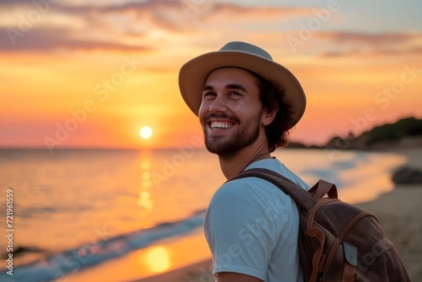 Obraz Happy Traveler Enjoying Sunset on a Secluded Beach