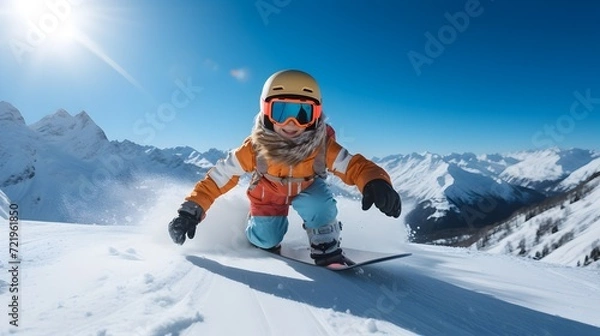 Fototapeta Young child in winter clothing learning to snowboard on a snowy slope with a bright blue sky