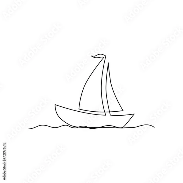 Fototapeta Continuous one-line drawing of a sailboat on sea waves and outline line vector art of a sea boat Isolated illustration