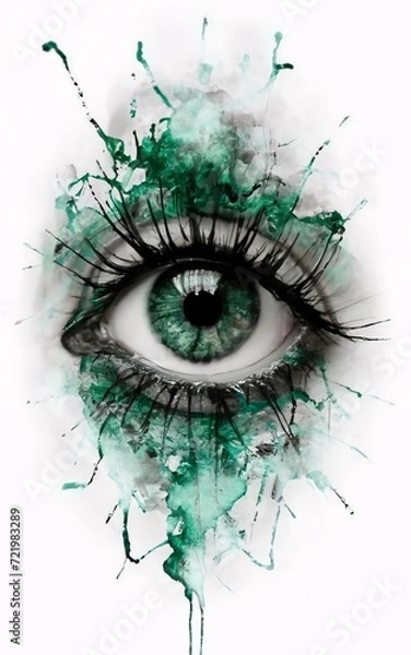 Fototapeta Volume-shaded silhouette of a eye in a punk style with smoke and ink. Ink splash and wash painting on white paper.