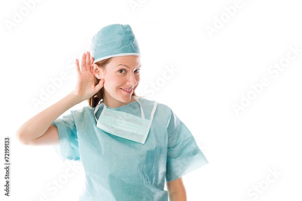 Obraz model isolated on plain background listening paying attention