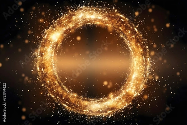 Fototapeta Gold glitter circle of light shine sparkles and golden spark particles in circle frame on black background. Christmas magic stars glow, firework confetti of glittery ring shimmer	