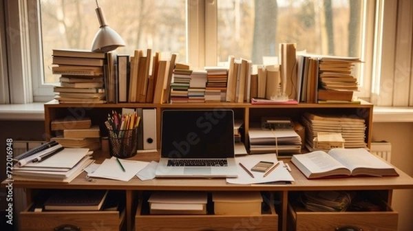 Fototapeta A desk full of books and papers with a laptop on top of it.