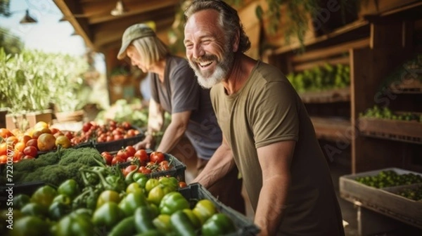 Fototapeta Successful Street Vendors Managing a Small Business Farm Stall at an Outdoors Market. Generative AI