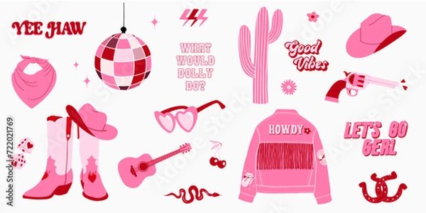 Fototapeta Trendy pink cowgirl set. Retro collection of cowboy boots and hat, disco ball, horseshoe, cactus, gun, jacket and lettering. Wild west, western themed. Hand drawn vector design